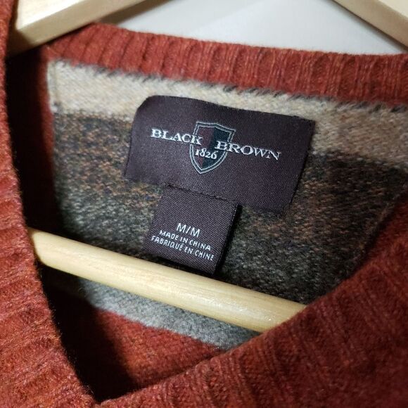 Black Brown 1826 Medium Long Sleeve Brown Rust Lambswool V-Neck Sweater Patches - Picture 2 of 9